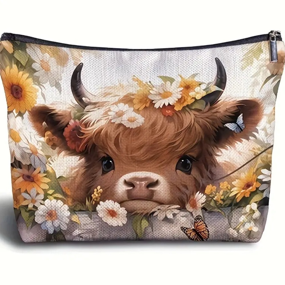 Floral Cow Print Cosmetic Bag